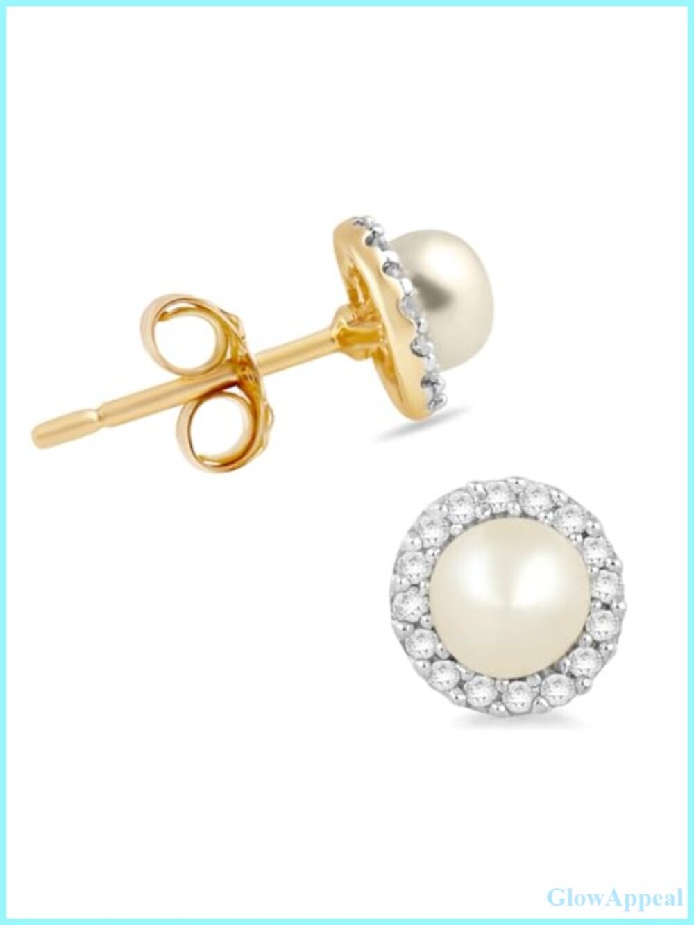 10K Yellow Gold Pearl & Diamond Stud Earrings Push Back 4MM Round